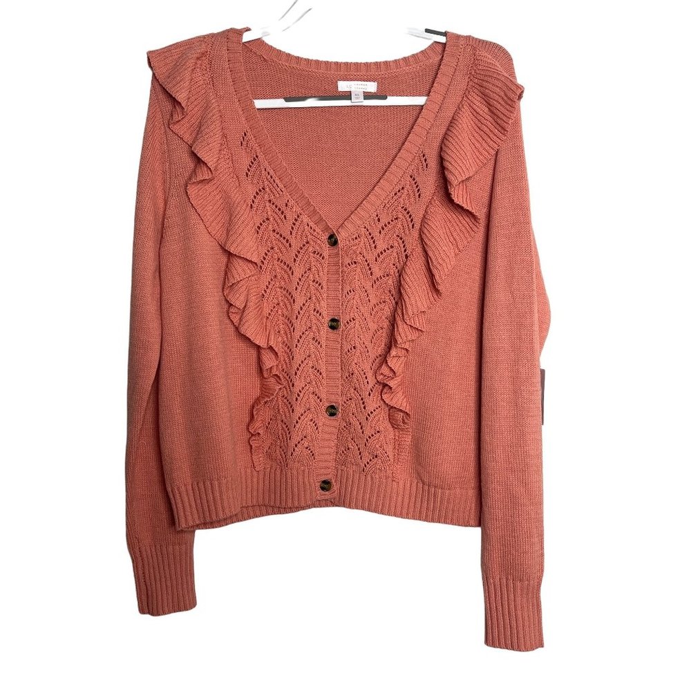 LC Lauren Conrad Womens Long Sleeve Cardigan Sweater Ruffle Button Front Size XL - Picture 1 of 12